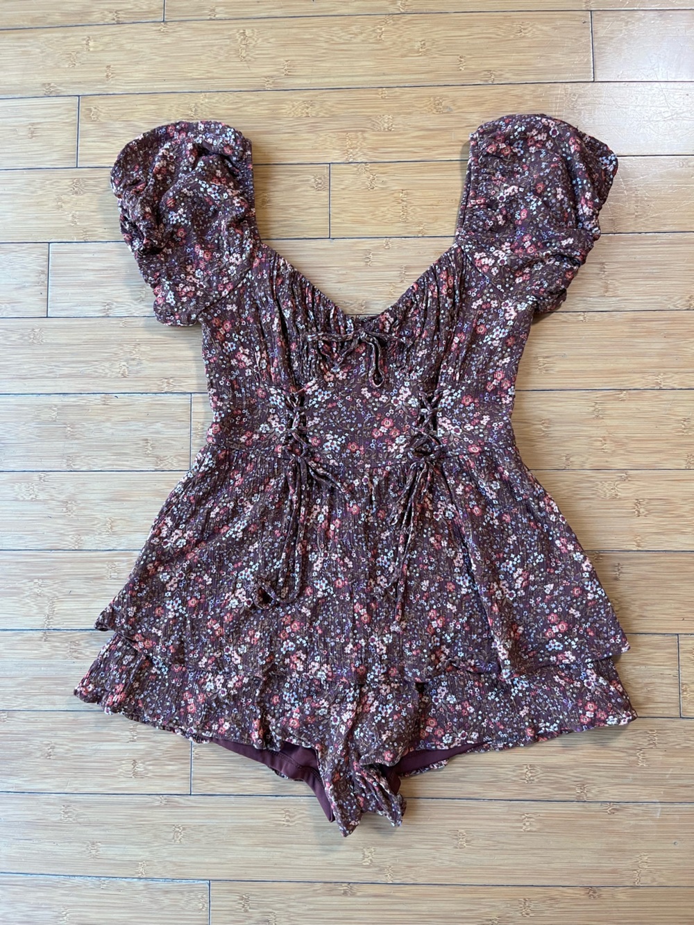 Francesca's Collections Floral Boho Burgundy Romper with Corset Style Ties - Picture 2 of 13